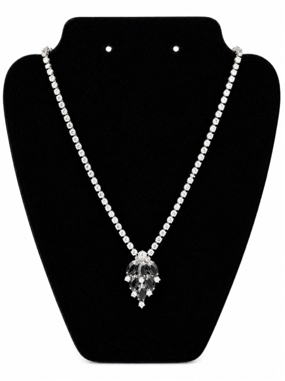 Vintage Style Black Marquise Rhinestone Tennis Necklace Silver Tone Statement Je